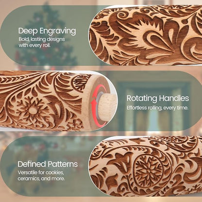 Embossed Rolling Pin for Baking Cookies Christmas Embossing Rolling Pins with Design Wooden Engraved Springerle Roller Pin Dough Patterned Clay Pottery Ceramic Bakers Women (Flower Snowflake Paisley)