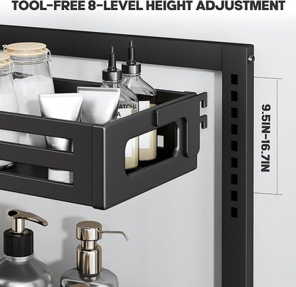 2 Pack Under Sink Organizer,Pull Out Cabinet Organizer with Smooth Cylindrical Rail,Metal Slide Out Drawer for Kitchen Bathroom Laundry Cabinet,8-Level Tool Free Height Adjustable-Black