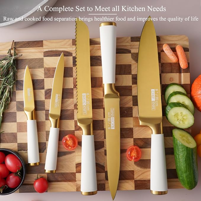 Aesthetic Gold White Kitchen Knife Set,7Pcs Gold Titanium Coated Dishwasher Safe Knife Block Sets,Wooden Block with Built-In Sharpener,Luxury Gift for Women Housewarming