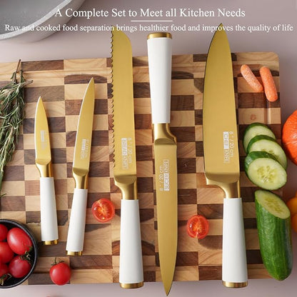 Aesthetic Gold White Kitchen Knife Set,7Pcs Gold Titanium Coated Dishwasher Safe Knife Block Sets,Wooden Block with Built-In Sharpener,Luxury Gift for Women Housewarming