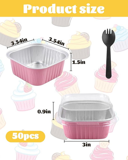 30 Pack 5oz Square Mini Cake Pans with Lids and Spoons,Aluminum Foil Baking Cups,Disposable Mini Loaf Pans Ramekins for Brownie, Cheesecake, Mousse & Wedding Party Favors-Pink