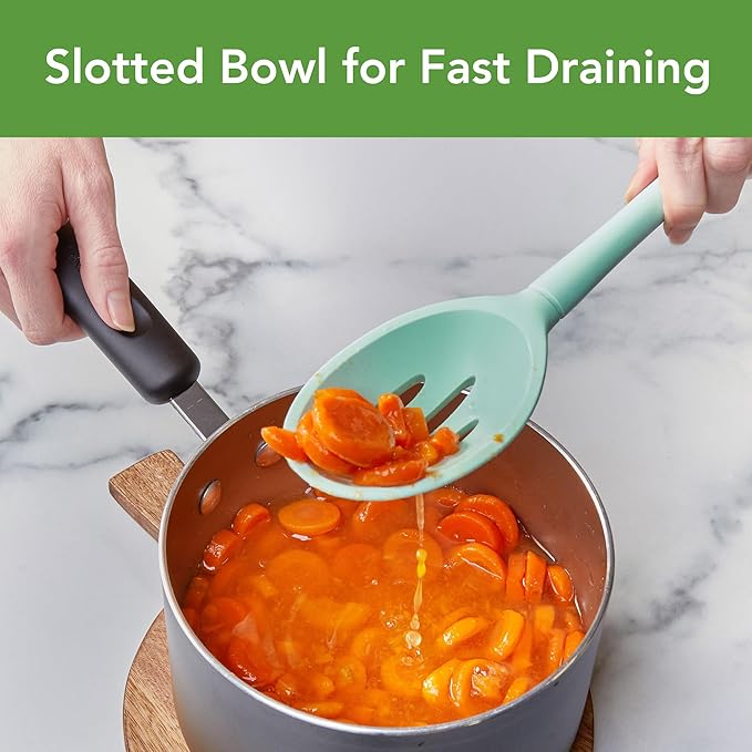 Tovolo Flex Core Silicone Slotted Deep Spoon for Cooking Mixing Baking, Dishwasher Safe BPA Free All Silicone Kitchen Utensil Heat Resistant Nonstick Safe Slotted Serving Spoon, Aqua Seafoam Green