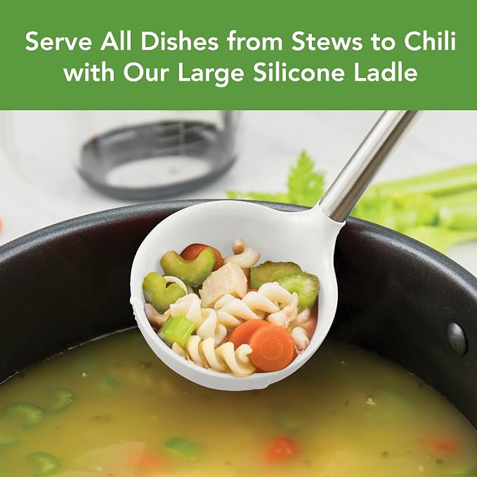 Tovolo Silicone Ladle With Stainless Steel Handle Deep Soup Ladle for Cooking Canning Serving Soup Punch Stew Sauce, Large Kitchen Utensil Spoon Dishwasher Safe BPA Free Silicone White