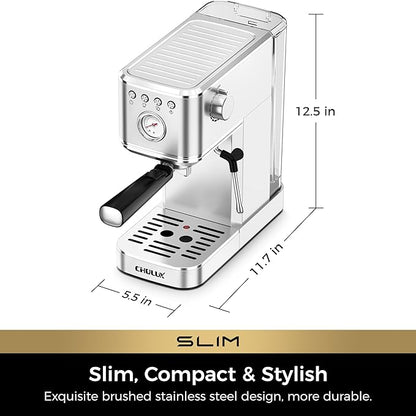 CHULUX Slim Espresso Machine with Milk Frother, 20 Bar Professional Italian Pump Espresso Coffee Machine for Home Cappuccino & Latte Maker, Stainless Steel, Silver