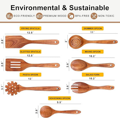 7 Pcs Teak Wood Kitchen Utensils Set Non Toxic BPA Free Cooking Tools with Spatula, Slotted Spatulas, Wooden Skimmer Spoons, Pasta Spoon, Mixing, Salad Fork & Spoons for Nonstick Cookware