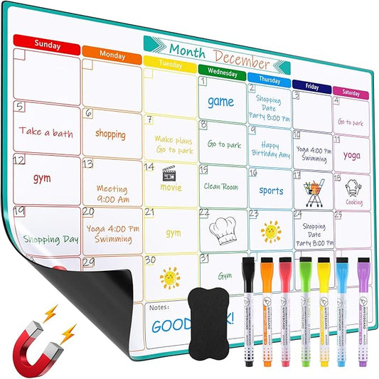 MaxGear Monthly Magnetic Calendar for Fridge, 16" X 12" Fridge Calendar Whiteboard, Reusable Magnetic Dry Erase Calendar White Board Planner for Refrigerator with 7 Fine Point Markers, 1 Eraser