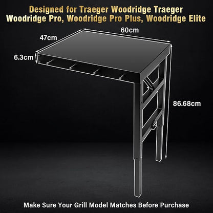 Uniflasy Folding Grill Side Shelf for Traeger Woodridge Pro/Elite/Plus Foldable Shelf for Traeger Inwood/Inwood XL Pellet Grill Accessories Large BBQ PrepTable with Hooks Outdoor Cooking Workspace