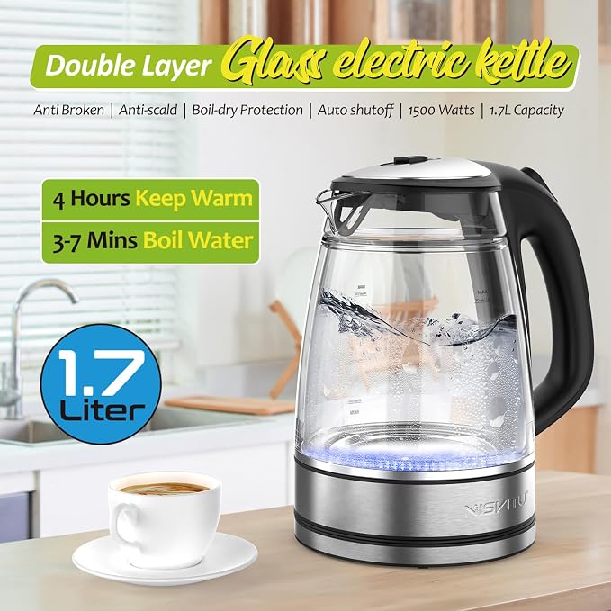 NISVITU 1.7L Dual Wall Cool Touch Electric Kettle, BPA-Free Borosilicate Glass Inner, PC Outer, 1500W Fast Boil Cordless Hot Water Boiler & Electric Tea Kettle, Keep Warm, Auto Shut-Off, Black