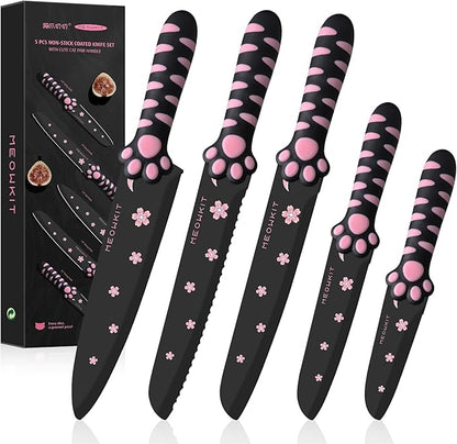 Cute Kitchen Knife Set, Dishwasher Safe, 5 pieces Non-Stick Knives,Sharp for Chopping, Slicing, Dicing and Cutting, Cat Paw Handle