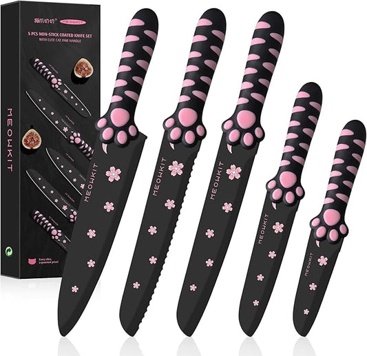 Cute Kitchen Knife Set, Dishwasher Safe, 5 pieces Non-Stick Knives,Sharp for Chopping, Slicing, Dicing and Cutting, Cat Paw Handle
