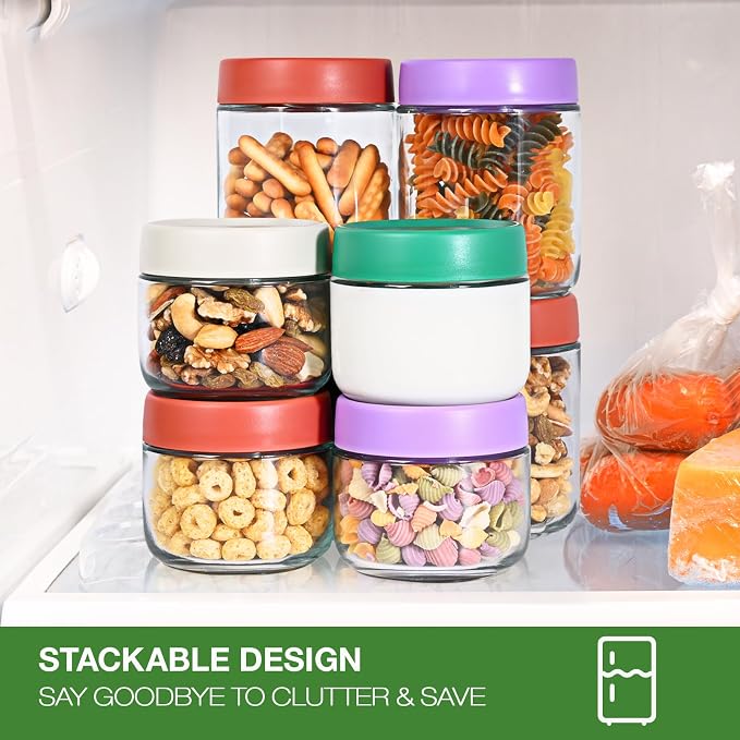 Hoa Kinh 16oz 6Pack Glass Food Storage Jars with Lids, Leak Proof Small Jars for Overnight Oats, Cereal, Clear Empty Glass Jar with Lids for Kitchen(Red, Green and White)