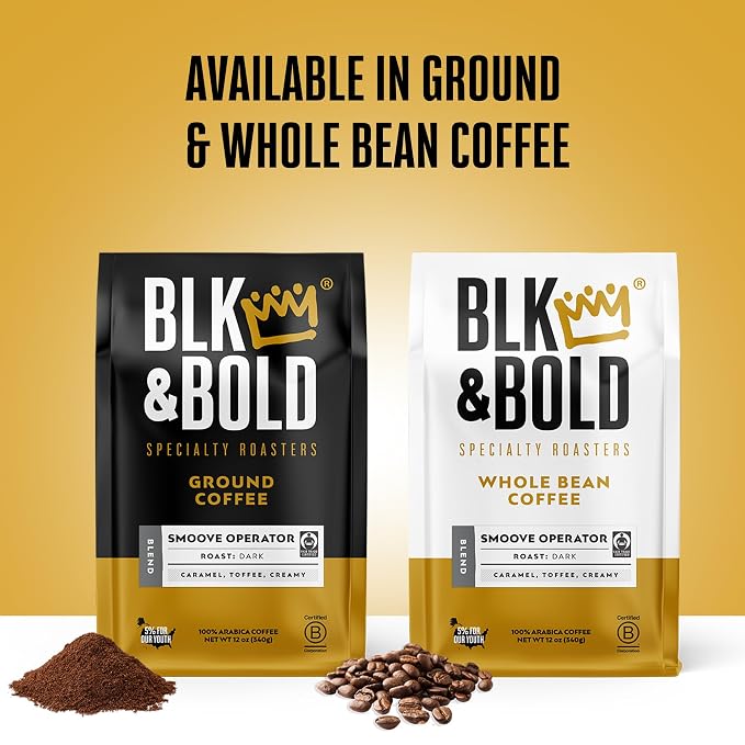 BLK & Bold Whole Bean Coffee, Smoove Operator Dark Roast, Coffee Beans, Caramel Toffee Notes, Smooth Full Bodied Dark Roast for Espresso Machine, Drip, French Press & Cold Brew, 12 oz Bags (2 Pack)