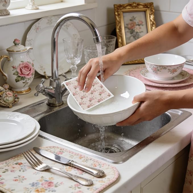 Reusable Swedish Dishcloths for Kitchen, 6 Pcs Vintage Floral Swedish Dish Cloths, Absorbent Pink Flower Sponge Cleaning Towels Wipes for Kitchen Cooking Home Decoration Housewarming Gifts