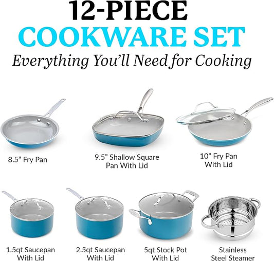 Gotham Steel Aqua Blue Pots and Pans Set, 12 Piece Nonstick Ceramic Cookware, Includes Frying Pans, Stockpots & Saucepans, Stay Cool Handles, Oven & Dishwasher Safe, 100% PFOA Free, Turquoise