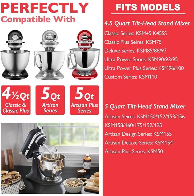 Stainless Steel Bowl for KitchenAid Classic&Artisan Series 4.5-5 QT Tilt-Head Mixer, 5 Quart 304 Stainless Steel Bowl with Handle, Dishwasher Safe