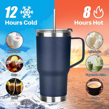 20 oz Tumbler with Handle, Stainless Steel Insulated Tumbler with Lid and Straw, Double Wall Vacuum Coffee Mug Tumbler, Insulated Coffee Thermal Cup for Cold and Hot (Navy Blue)