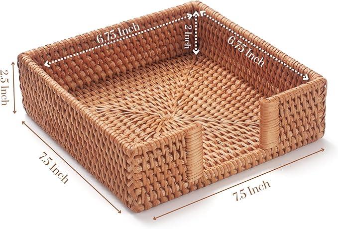 Rattan Napkin Holder Square, Napkin Holders for Paper Napkins, 7.5" x 7.5" x 2.5", Wicker Napkin Tray, Woven Guest Towel Holder for Restaurant/Kitchen/Bathroom Napkin Holder for Table