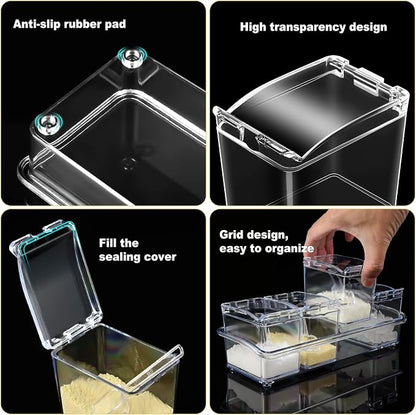 Bokon 4 Set Acrylic Seasoning Box with Spoons, 16 Compartments Clear Spice Organizer, Kitchen Condiment Containers with Lids for Salt, Sugar, Candy