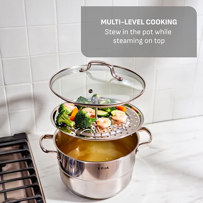 T-Fal Specialty 7.2 Quarts Stainless Steel Pan Stockpot with Lid, Induction Compatible, Dishwasher Safe, Oven Safe to 500°F, Stew Pot, Silver