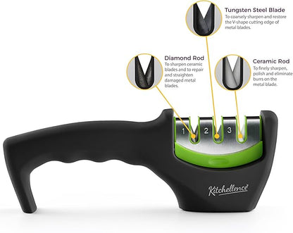4-in-1 Kitchen Knife Accessories: 3-Stage Knife Sharpener Helps Repair, Restore and Polish Blades and Cut-Resistant Glove