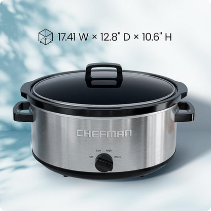 Chefman Slow Cooker 7 Quart, Large Family Size Slow Cooker with Low, High & Warm Settings, Removable Ceramic Crock, Tempered Glass Lid, Dishwasher-Safe for Easy Cleanup, Stainless Steel