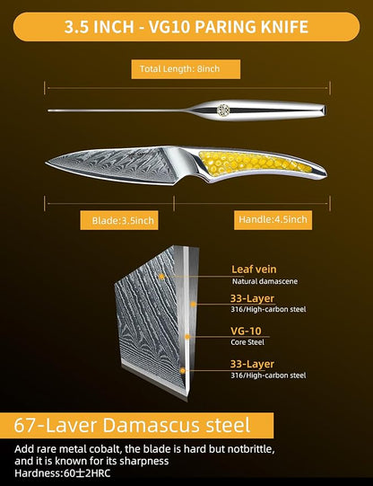 3.5 inch Paring Knife, Japanese VG-10 Damascus Steel Kitchen Knife, Ultra Sharp Fruit Knife with Full-tang Handle in Yellow Resin, LA-S9 Series