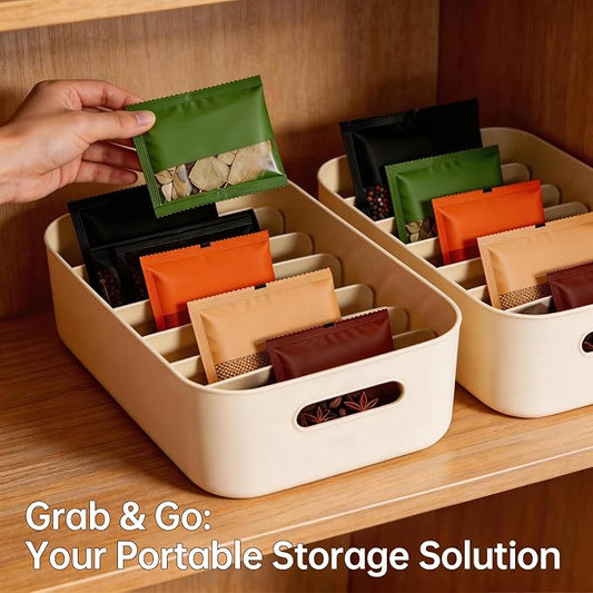 Seasoning Packet Organizer, 6 Compartments Plastic Packet Organizer Pantry Storage Caddy for Spice Packets, Kitchen Cabinet, Tea Bags