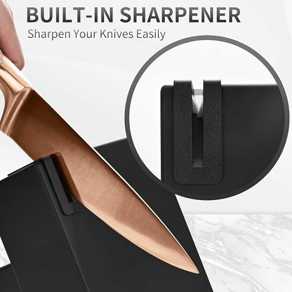15-Piece Rose Gold Knife Block Set with Sharpener, Chef Professional Knife Set, Stainless Knife Set With Scissors, Steak Knives