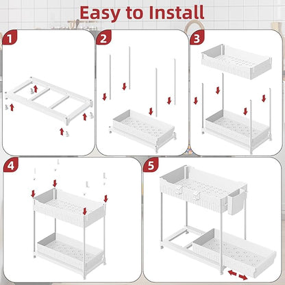 Sevenblue Under Sink Organizer, Bathroom Organizers and Storage, 2 Tier Multi-Use Pull Out Cabinet Organizer with Hang Hooks and Cups (White, 4 Pack)
