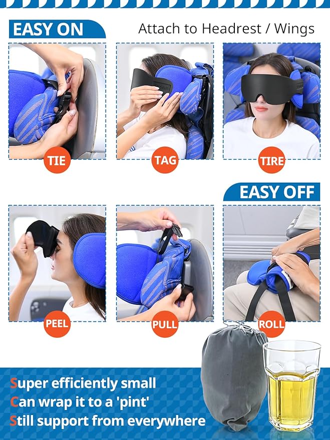 SARISUN Travel Pillow for Airplanes, Airplane Pillow for Long Flight, Neck Pillow with Eye Mask for Sleeping, Portable Travel Pillow for Car Road Trip Headrest, Stop Bobblehead, Grey