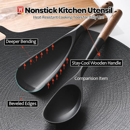 WAGENSTEIGER Set of 2pc Silicone Cooking Utensils: Wooden Handle Cooking & Serving Spoon+ Multi-Purpose Cooking Spoon, Heat Resistant Cooking Utensil, BPA Free, Safe Material for All Cooking Surfaces