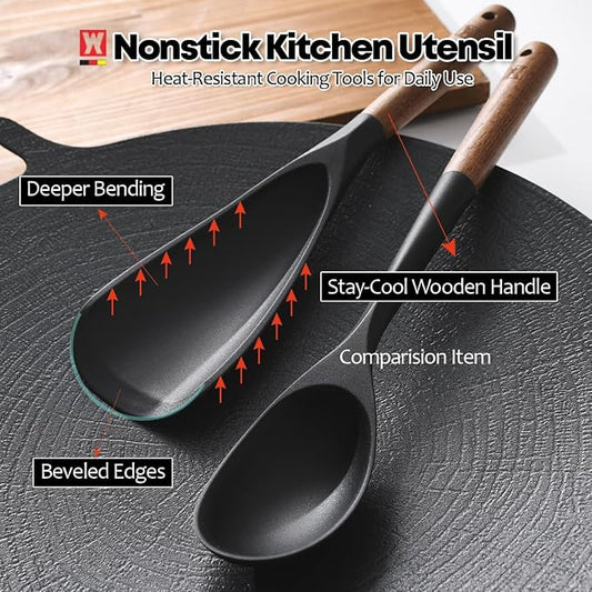 WAGENSTEIGER Set of 2pc Silicone Cooking Utensils: Wooden Handle Cooking & Serving Spoon+ Multi-Purpose Cooking Spoon, Heat Resistant Cooking Utensil, BPA Free, Safe Material for All Cooking Surfaces