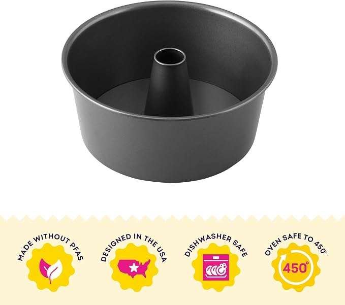 Wilton Gold Non-Stick 9.37 in. Angel Food Tube Cake Pan, Cold-Rolled Steel Bakeware, Made without PFAS, Packaging May Vary