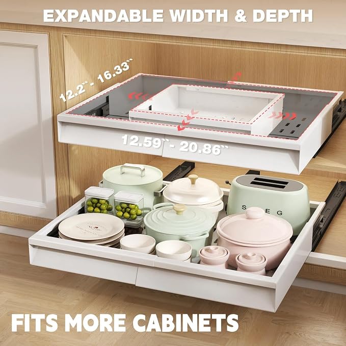 Seinloes Pull Out Cabinet Organizer, 4-Side Expandable to Fit Most Cabinets, 3 Rail Slide Out Drawers with Raising Pad for Framed & Frameless Cabinets, 13"-21" W x 13"-17" D, White, 2 Pack