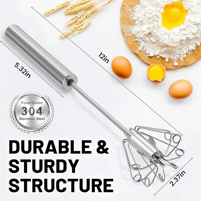 2026 Upgraded Semi-Automatic Stainless Steel Egg Beater – Hand Push Whisk for Baking, Cooking & Stirring – Perfect for Whisking Eggs, Batters & Creams – Effortless Mixing for Quick, Smooth (12in)
