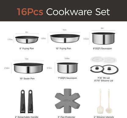 16PCS Pots and Pans Set Non Stick, Diamond-Titanium Ceramic Cookware Set & 3 Layer Stainless Steel with Detachable Handle, Induction Cookware, Non Toxic Oven/Dishwasher Safe, Black