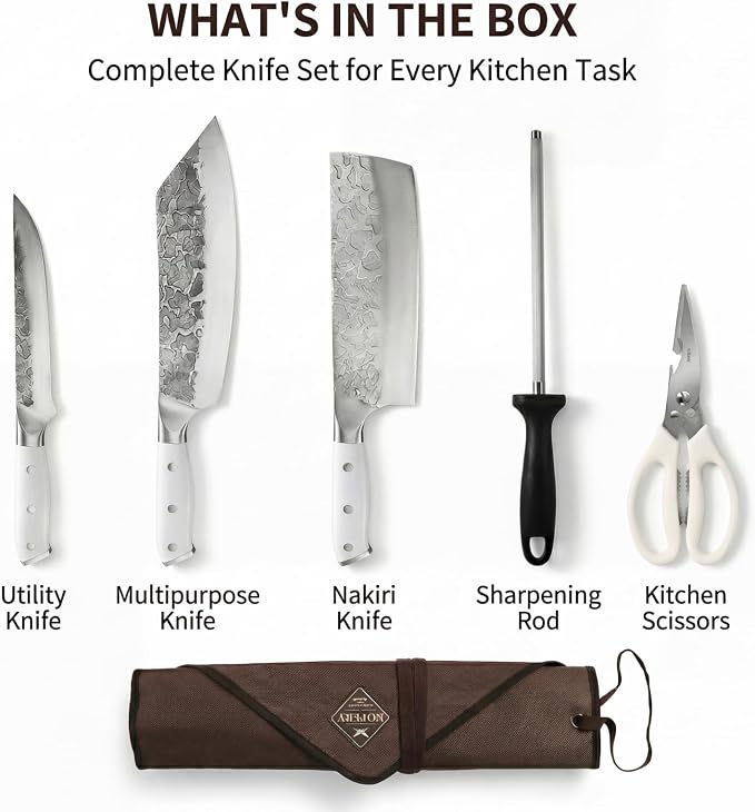KOFERY Hand Forged Damascus Steel Butcher Knife Set with Knife Roll for Meat Cutting, Grilling & Smoking Meat, Essential BBQ Kit for Outdoor Camping, Pit Master Gifts for Men with White Handles