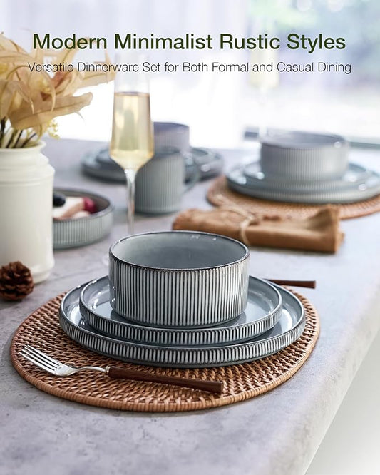 Famiware Star 16-Piece Stoneware Dinnerware Set, Service for 4, Reactive Glaze Mugs, Plates and Bowls, Dishes with Trim, Modern Rustic, Chip/Scratch Resistant, Microwave/Dishwasher Safe, Smoky Blue