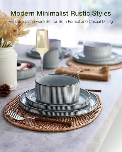 Famiware Star 24-Piece Stoneware Dinnerware Sets, Service for 6 - Shallow Pasta Bowls & Flat Plates, Modern Rustic Reactive Glaze Dishes, Chip/Scratch Resistant, Microwave/Dishwasher Safe, Smoky Blue