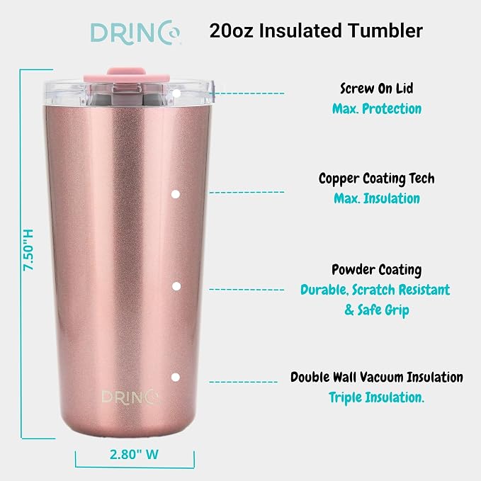 Drinco - 20 oz Stainless Steel Tumbler | Double Walled Vacuum Insulated Mug With Lid, 2 Straws, For Hot & Cold Drinks (20oz Chupa)