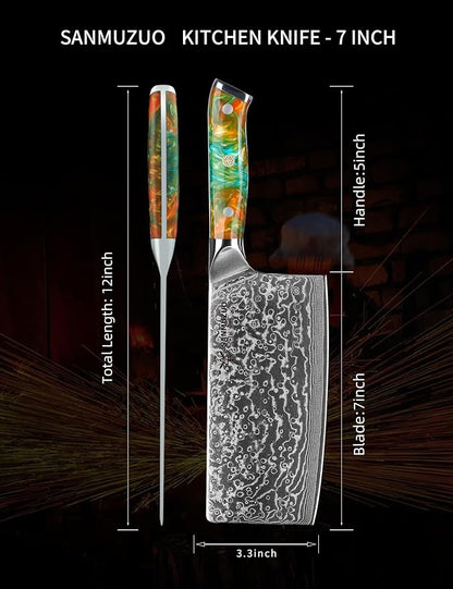 Chinese Chef Knife - 7" Cleaver Knife- Xuan Series - VG10 Damascus Steel Kitchen Knife - Resin Handle (Fantasy Orange)