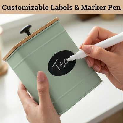 Kitchen Canisters for Countertop Set of 4 with Customizable Chalkboard Labels & Marker Pen - Big Iron Kitchen Canisters with Airtight Lids - Sage Green Canister Set - Flour and Sugar Containers