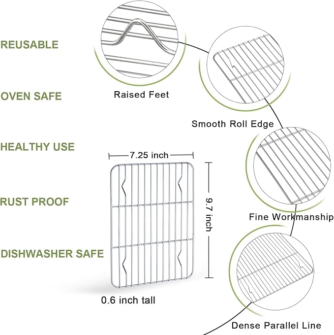 TeamFar Toaster Oven Tray, 10.5’’ x 8’’ x 1’’, Stainless Steel Small Baking Pan Tray Cooling Roasting Rack with Silicone Mat Set for Daily Use, Non-toxic & Sturdy, Oven & Dishwasher Safe, Set of 3