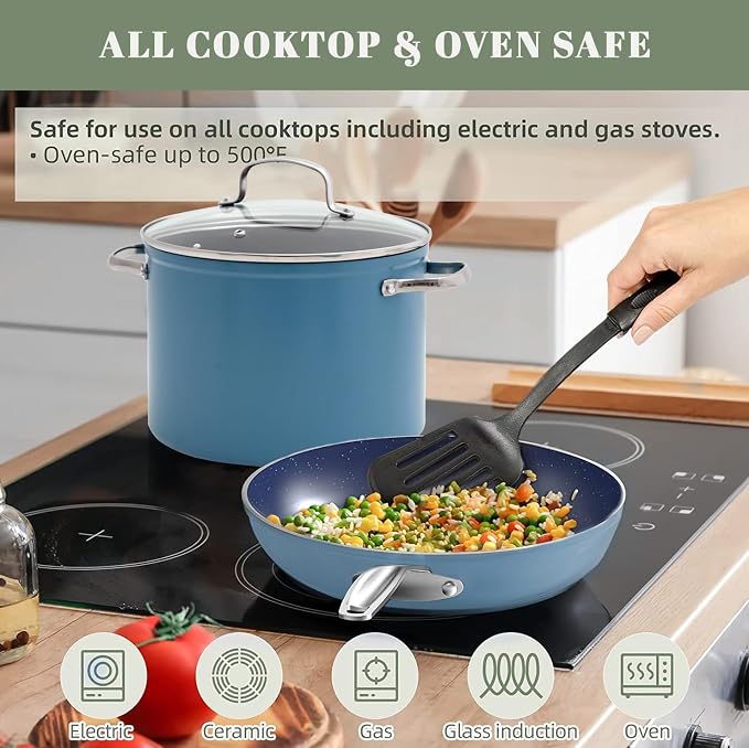 Nuwave Healthy Duralon Blue Ceramic Nonstick Coated 9pc Cookware Set, Scratch-Resistant Diamond Infused, PFAS Free, Induction Ready & Evenly Heats, Oven Safe, Tempered Glass Lids