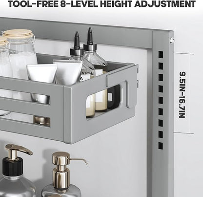 2 Pack Under Sink Organizer,Pull Out Cabinet Organizer With Smooth Cylindrical Rail,Metal Slide Out Drawer for Kitchen Bathroom Laundry Cabinet,8-Level Tool Free Height Adjustable-Gun Gray