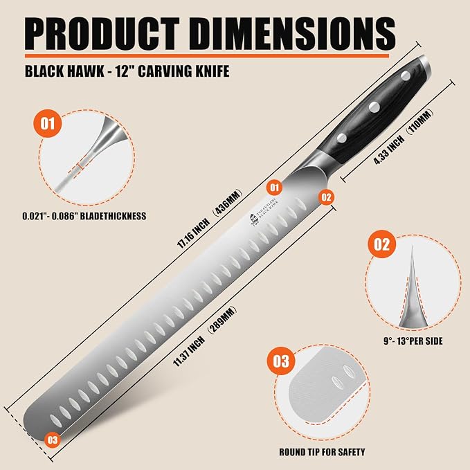 TUO Carving Knife, 12 inch Brisket Knife for Cutting Smoked Meat, Slicing Through Roast & Large Raw Meat Chunks, Full Tang Handle, German High Carbon Steel - Black Hawk Series