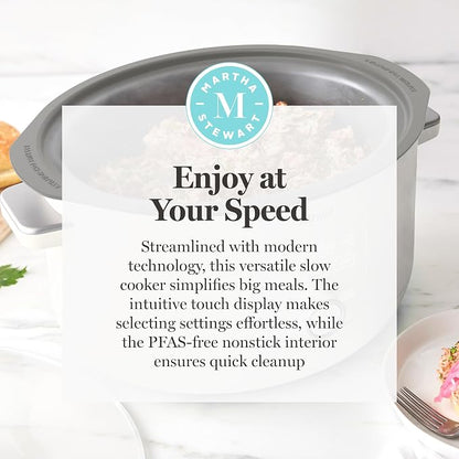 Martha Stewart 8 QT Slow Cooker, Programmable with Timer, 3 Heat Settings (Low, High, Warm), Nonstick Ceramic Removable Crock, Stovetop & Oven Safe, Glass Lid, Simmer, Reheat, Warm, Linen