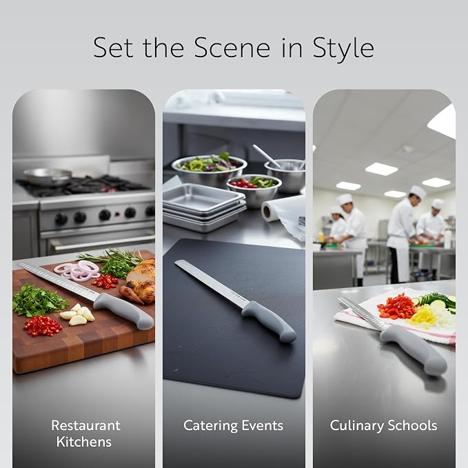 Restaurantware 12 Inch Slicing Knife Stainless Steel Ergonomic Handle Non-Slip Grip Durable Kitchen Knife, Dishwasher-Friendly for Home Cooking and Commercial Use, Gray