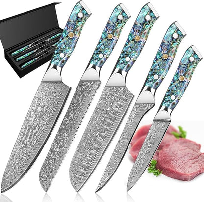 KEENZO Damascus Chef Knife Set 5 pcs, Professional Kitchen Knives Set, Chef's Knife, Santoku,Bread, Paring, Fillet, Utility,Sharp Blade Cooking Knife set, Ergonomic Abalone Shell handle with Gift Box