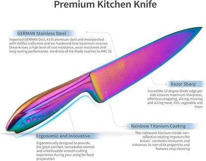 Rainbow Knives Block Set 7 Pieces, Iridescent German High Carbon Stainless Steel Kitchen Knives Pack with Universal Knife Holder